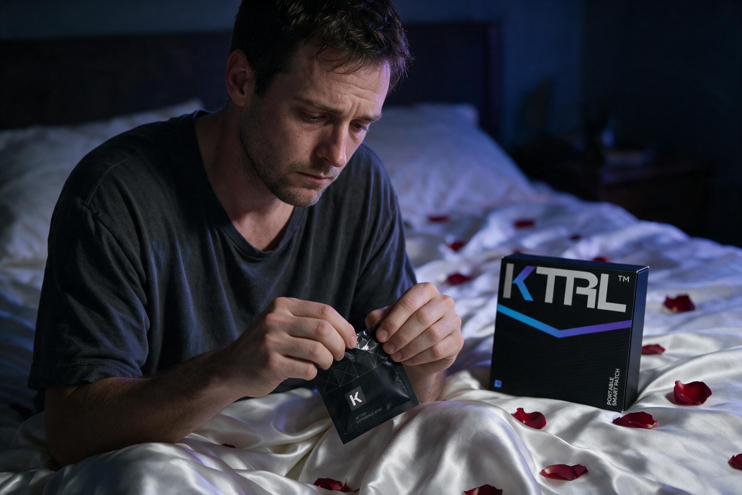 Exhausted man on bed, opening a KTRL patch at dawn